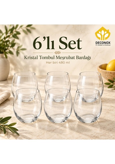 Tr Cam Su Bardağı Seti 6'li, Her Bardak 480 Ml, Şeffaf Tombul Meşrubat Bardağı, Yuvarlak Gövdeli Limonata Ve Meyv Genel