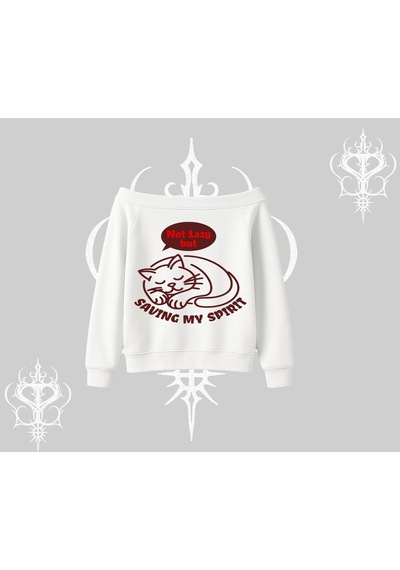 Startmore Not Lazy Saving My Spirit Kedi Baskılı Kayık Yaka Sweatshirt Beyaz