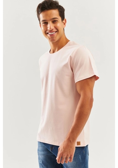 Erkek Oversize Rahat %100 Pamuklu Penye Bisiklet Yaka Kısa Kol Basic T-shirt Pudra