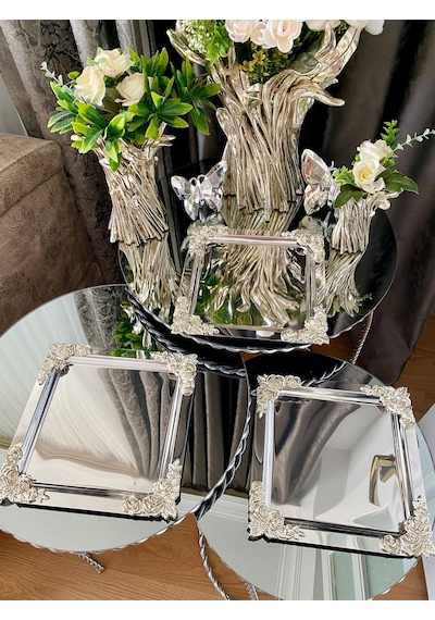 Atabey Home Collection 6'lı Kahve & Çay & Sunum Tepsisi Metal Döküm Kare Gümüş Gül Model