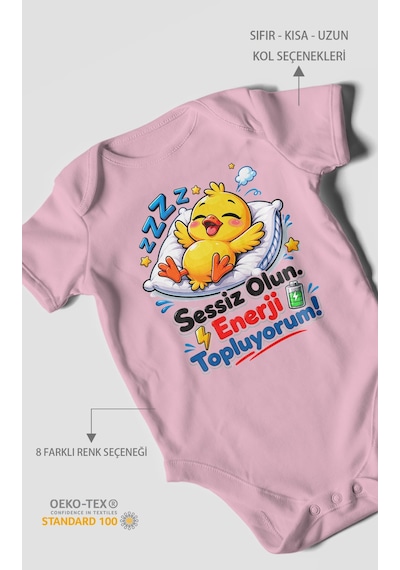 Morivokids Sessiz Olun, Enerji Topluyorum Kısa Kollu Bebek Body %100 Pamuk Koyu Pembe