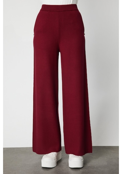 On Kadın Cebi Taş Detaylı Bol Paça Triko Pantolon 63919 Bordo Bordo