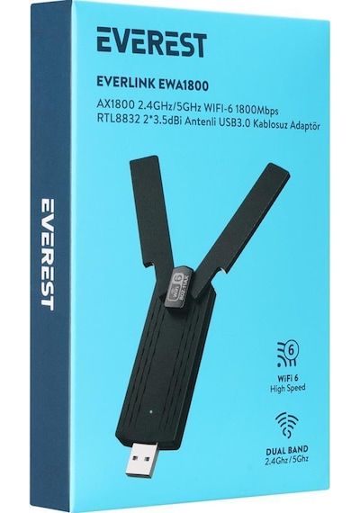 Everest EVERLINK EWA1800 1800Mbps 2.4GHz/5GHz WIFI-6 AX1800 RTL8832 2*3.5dBi USB3.0 Kablosuz Adaptör