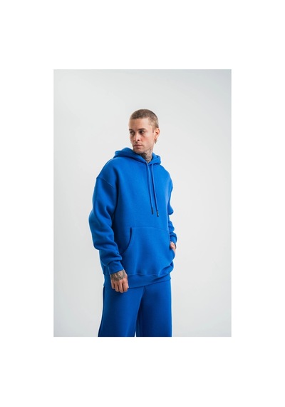 Erkek 3 İplik Oversize Kapşonlu Basic Sweatshirt Hoodie - Mavi