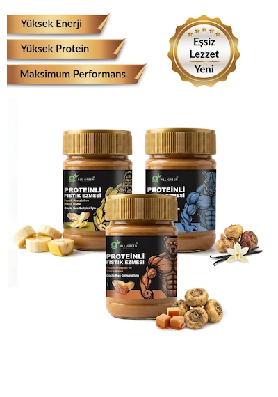 3'lü Paket: Proteinli Fıstık Ezmesi Karamel, Muz, Vanilya Fıstık Proteini, Maca Kökü Tozu İle 325 Gr X 3
