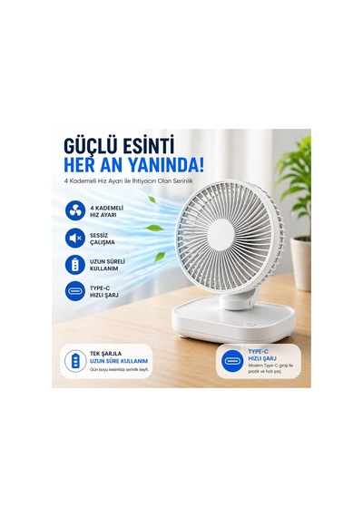 Robeve Yk Şarjlı Masaüstü Vantilatör Usb Type-c 4 Kademeli Hız, Sessiz Çalışma, Taşınabilir Mini Fan, Uzun Batarya, 90 Ayarlanabilir Başlık, Ofis Ev Kullanım Fan Vantilatör Beyaz