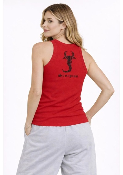 Assema Kadın Fitilli Atlet Sıfır Yaka Slim Fit Arka Baskılı Spor Atlet - Kırmızı Çok Renkli