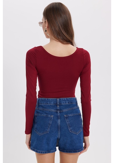 Tudors Kadın Slim Fit Dar Kesim Uzun Kollu Viskon Bordo Bluz-35200 Bordo
