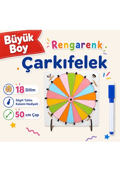 Büyük Boy 18 Dilim Renkli Çarkıfelek Oyunu Ahşap Eğitim Materyali