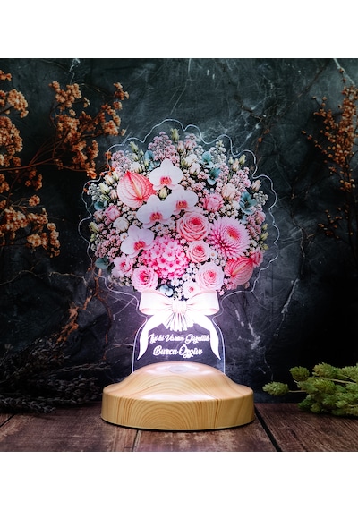 Premium Pudra Zarafet Buketi Led Lamba, Kadına Solmayan Çiçek Hediyesi, Işıklı Pudra Pembe Çiçek Buketi