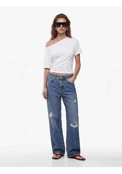 Koton Slim Fit Drape Detaylı Omzu Açık Kayık Yaka Tişört Beyaz 6sak50414ek