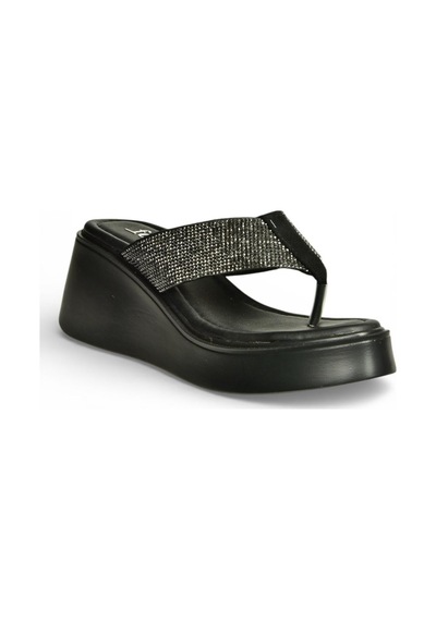 Fox Shoes Y973525409 Siyah Taş Detaylı Parmak Arası Kalın Tabanlı Kadın Terlik
