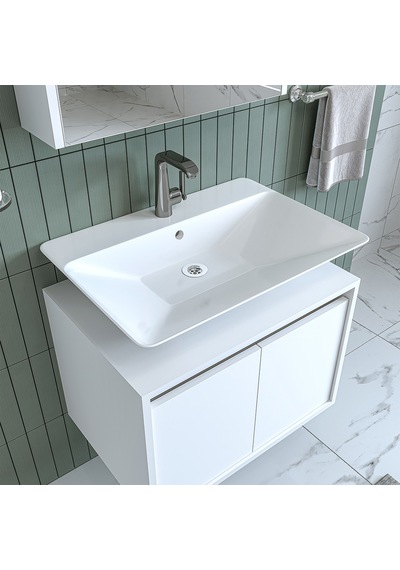Banos Banyo Roomart Lavabolu Mat Beyaz Mdf 65 Cm Banyo Dolabı+Ayn Mat Beyaz