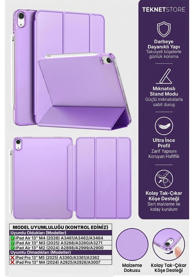 Ipad Air 13" M4 M3 M2 Uyumlu Kılıf Ultra İnce Akıllı Uyku Modlu Standlı Zarif Koruyucu Kapak Kapaklı Kılıf