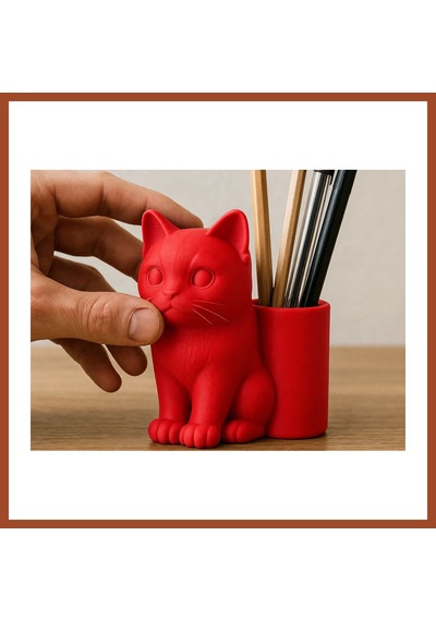Bezos 3d Baskı Kedi Figürlü Kalemlik - Masaüstü Organizer - Kırmızı Pro