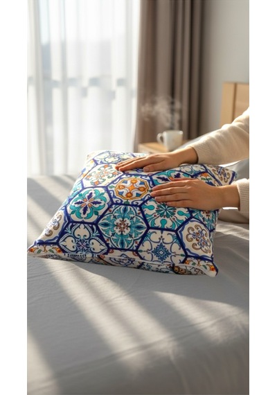 45 x 45 Kırlent İçi Dolu Salon Minderi, Minder, Çocuk Odası Minderi, Koltuk Minderi, Yastık Çini Desen