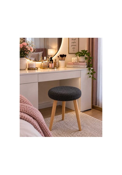 Solo Teddy Kumaş Kaplı Tabure Puf Makyaj Masası Mutfak Balkon Salon Ahşap Ayaklı Tabure Antrasit Gri