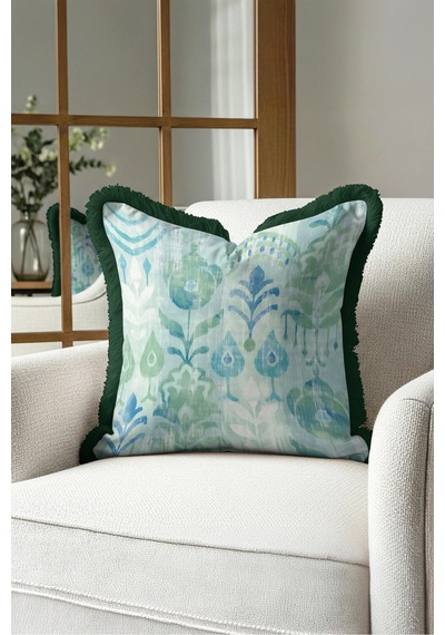 Botanik Tropik Saçaklı Yastık Kılıfı - Egzotik Floral Boho Mint Mavi Siyah Püsküllü Kırlent Kılıfı Gri