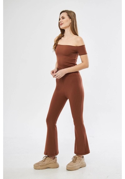 Ertaştrendstore Kadın Yüksel Bel Fitilli İspanyol Paça Tayt - Kahve Çok Renk