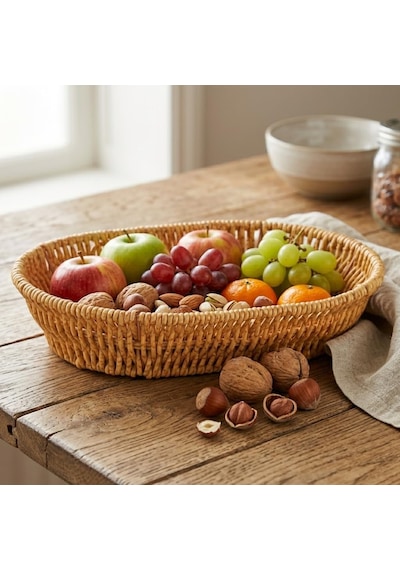 El Yapımı Doğal Hasır Sepet - Oval Ekmeklik Ve Çok Amaçlı Düzenleyici 25,50x18x6 Cm Çok Renkli