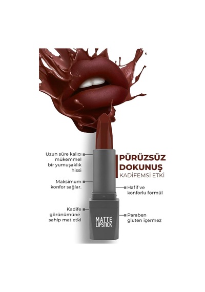 Yoğun Renk Veren Uzun Süre Kalıcı Nemlendirici Kadifemsi Mat Ruj - Matte Lipstick 424 Ruby Red Çok Renkli