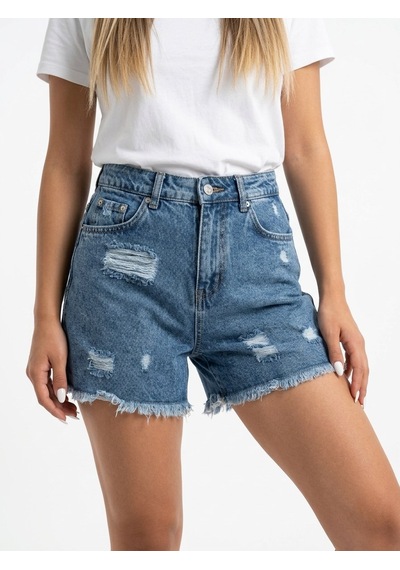 Trendallmoda Yüksek Bel Yırtık Detaylı Jean Şort Kot Mavisi