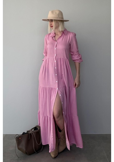 Madmext Pembe Çizgili Düğmeli Uzun Elbise Mg2392 Pembe