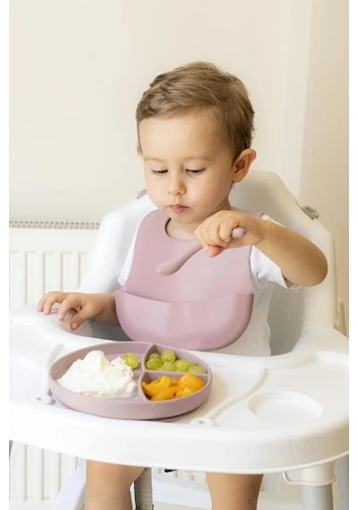 Pembe 3 Lü Silikon Yemek Seti Önlük + Diş Kaşıyıcılı Kaşık + Vakumlu Tabak Renkli