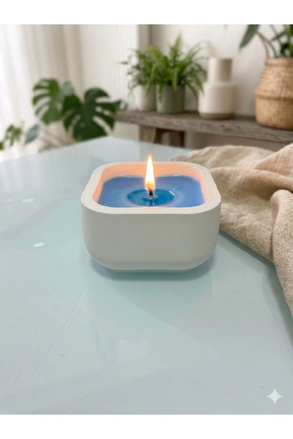 Okyanus Kokulu Kare Küçük Dekoratif Mum %100 Soya Wax Beyaz - Mavi