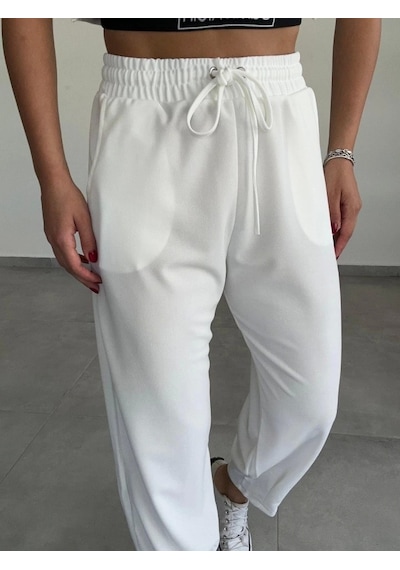 Defymoda Kadın Dalgıç Krep Full Likralı Paçası Pens Detay Pantolon Beyaz