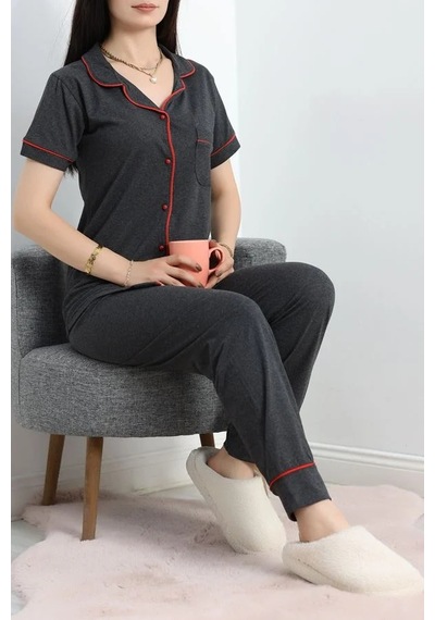 Seka Store Seka Düğmeli Süprem Pijama Takımı Koyuantrasit - 41820.1048. Çok Renkli