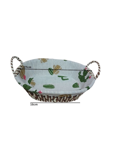Kaktüs Desenli Kumaş Kaplamalı Hasır Kulplu Dekoratif Sepet 27x16 Cm Kahverengi - Yeşil - Bej