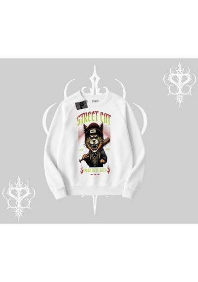 Startmore Street Cat Kedi Baskılı Biskilet Sweatshirt Beyaz