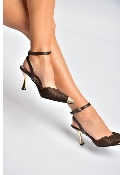 Fox Shoes Y752093806 Kahverengi Dantel İnce Galveniz Topuklu Kadın Ayakkabı