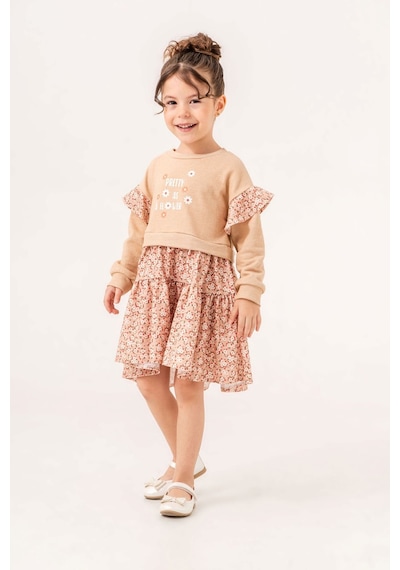 Miniğimin Cicileri 2-5 Yaş Prety Çiçekli Kız Çocuk Elbise - Bej Bej-56568