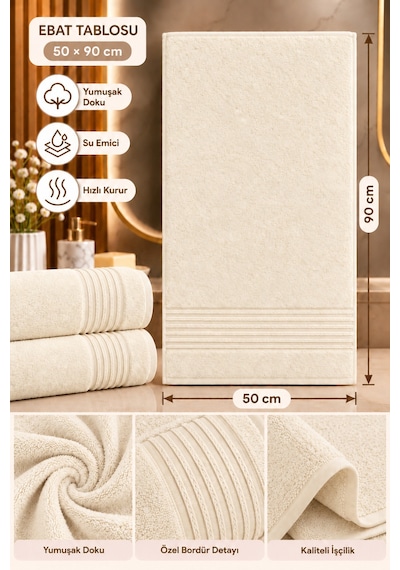 2'li 100% Pamuk Bordürlü Yüz Havlusu 50x90 Cm Yüksek Su Emici Banyo El Yüz Havlusu Krem