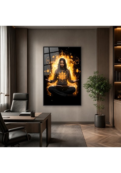 Altın Işıkta Meditasyon Yapan Kadın Siyah Çerçeveli Cam Tablo