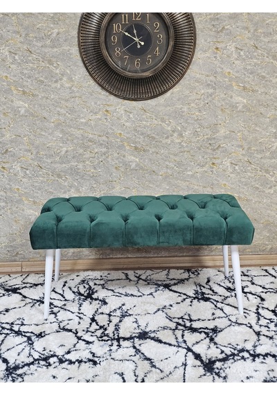 Zafir Beyaz Boyalı Sivriltme Ayaklı 90 Cm Puf Bench - Puf - Bench - Kasalı Oturak - Oturak - Yatak Ucu Puf Yeşil