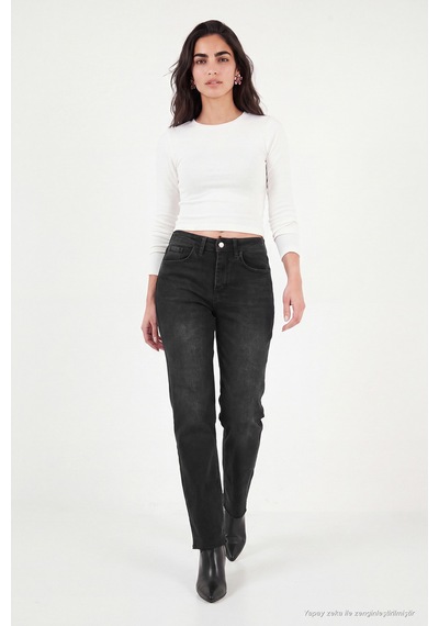 Lela Pamuklu Yüksek Bel Düz Paça Jeans Kadın Kot Pantolon 7031007 Siyah