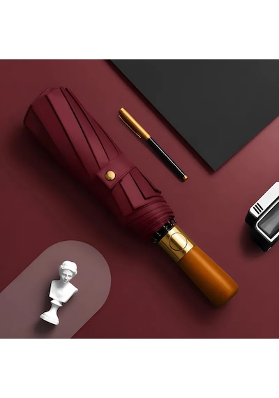 Bliss Umbrella Ahşap Saplı 12 Telli Siyah Şemsiye Bordo
