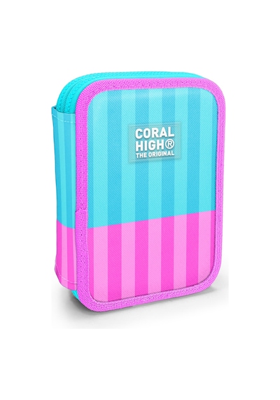 Coral High Kids Turkuaz Pembe Çizgili Desenli Çift Katlı Kalem Çanta 31120 Turkuaz