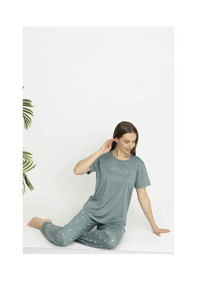 Estiva Kadın Kalp Alt Desenli Kısa Kollu Soft Pijama Takımı Yeşil