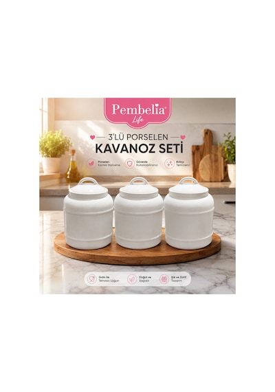 3 Lü Porselen 1000 Ml Bakliyat Baharat Çay Şeker Tuz Kahve Saklama Kavanozu Kavanoz Takımı Beyaz Beyaz