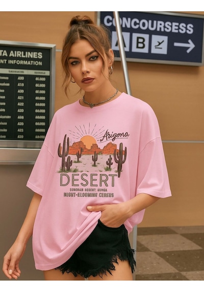 Desert Arızona Baskılı Unisex Tshırt Pembe