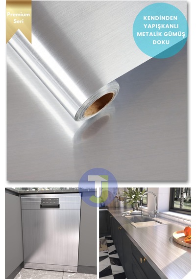 Technojet Kendinden Yapışkanlı Metalik Folyo Mutfak Banyo Tezgah Duvar Dolap Masa Kaplama 60cmx100cm Silver