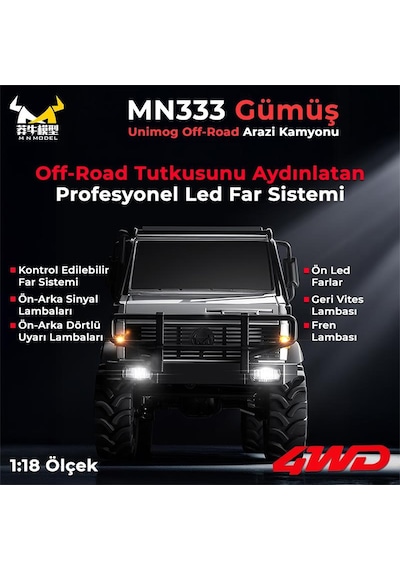 Mn Model Mn333 1/18 Mercedes Unimog U4000 4wd Rc Crawler Offroad Uzaktan Kumandalı Araba Arazi Aracı Model Car Truck Rtr Gümüş Mn-333 +dahili Işık Seti Mnmodel/mn333-sılver