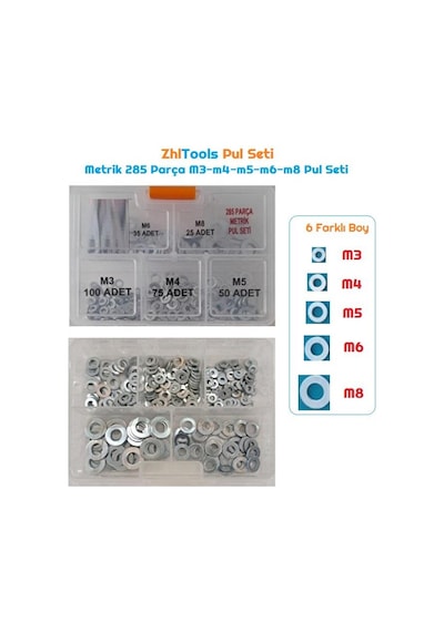 Zhltools Pul Seti Metrik 285 Parça M3-m4-m5-m6-m8 Pul Seti