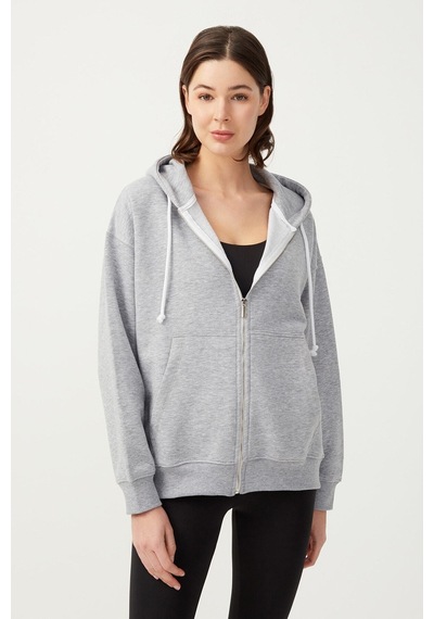 Los Ojos Kadın Melanj Gri Kapüşonlu Oversize Şardonlu Fermuarlı Örme Sweatshirt Melanj Gri