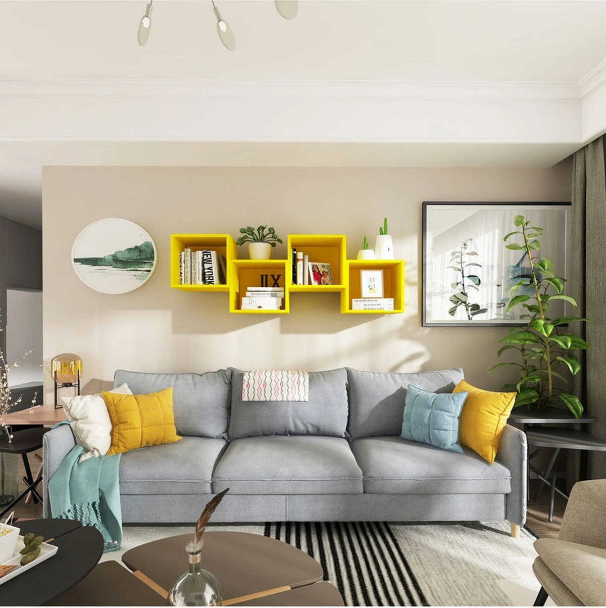 Kitaplık Kare Duvar Rafı Salon 4 Lü Arkalıklı Mobilya Takım Sarı Sarı