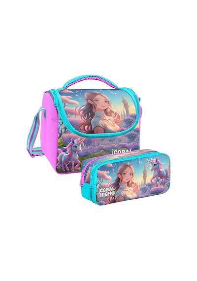Coral High Kız Çocuk Turkuaz Pembe Anime Kız Thermo Beslenme Çantası Ve İki Bölmeli Kalemlik Seti Turkuaz